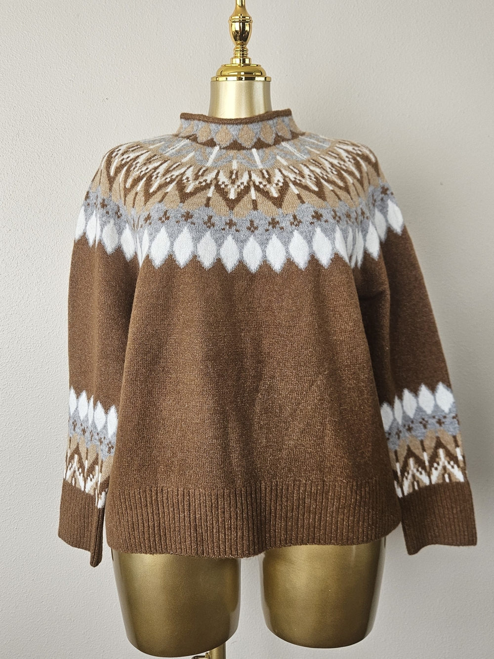 CeCe Brown Fair Isle Turtleneck Sweater with White and Light Gray Pattern